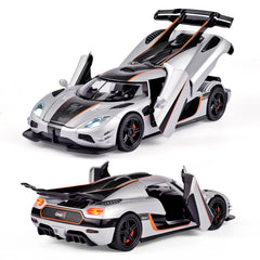 FLYKIRIN Koenigsegg One 1/32 top view highlights compact size for collection.
