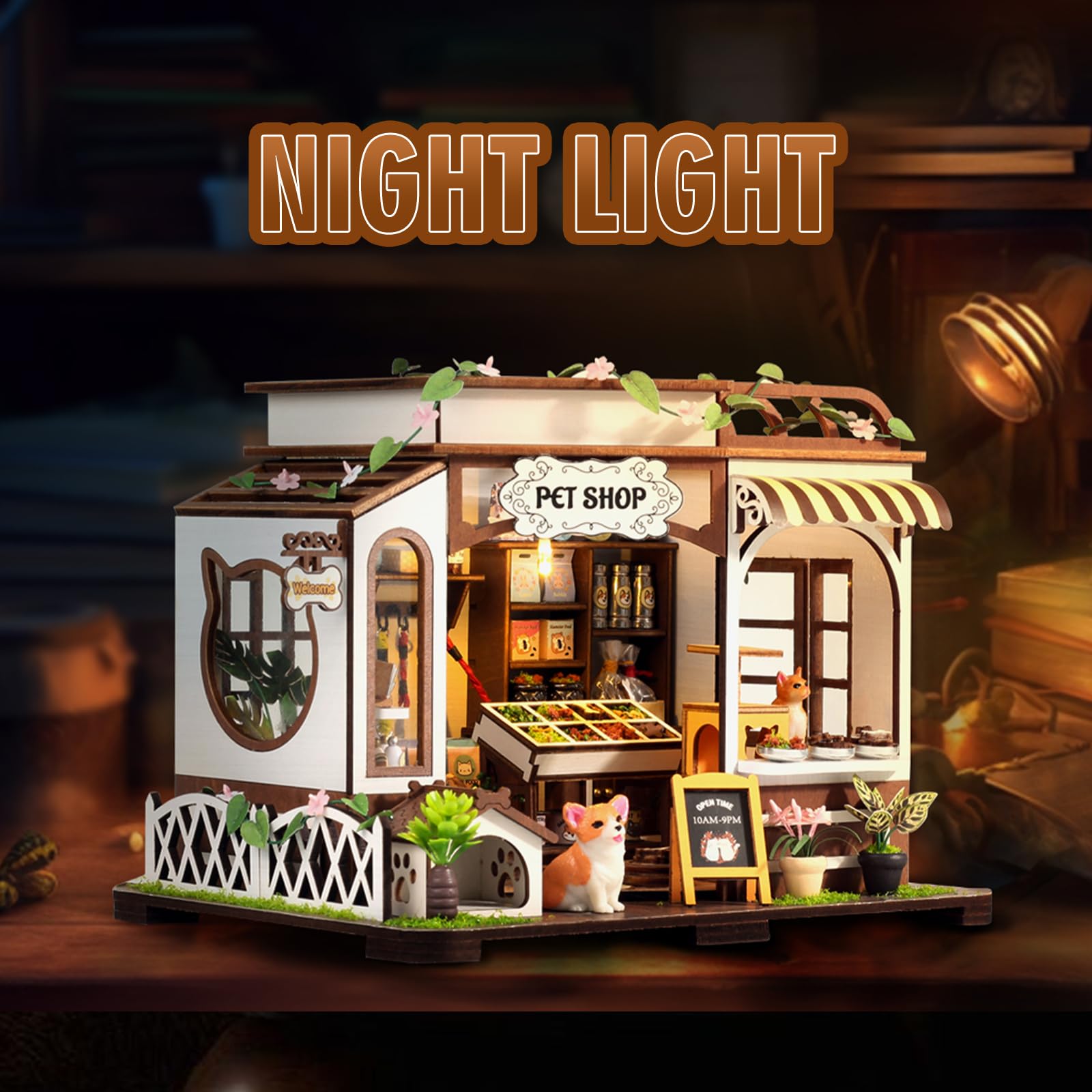 Flynova pet shop dollhouse kit LED light for ambiance.