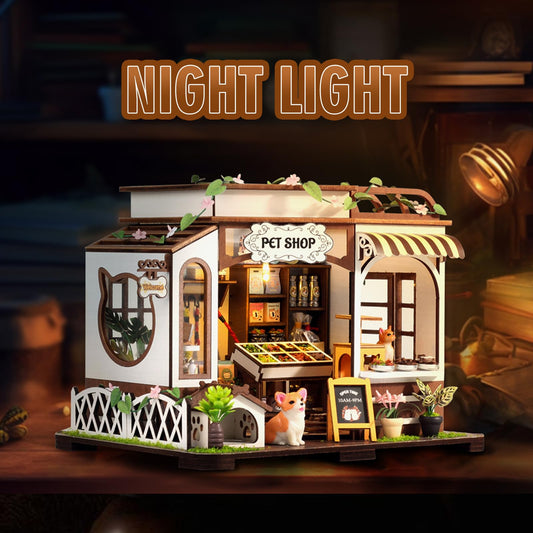 Flynova pet shop dollhouse kit LED light for ambiance.