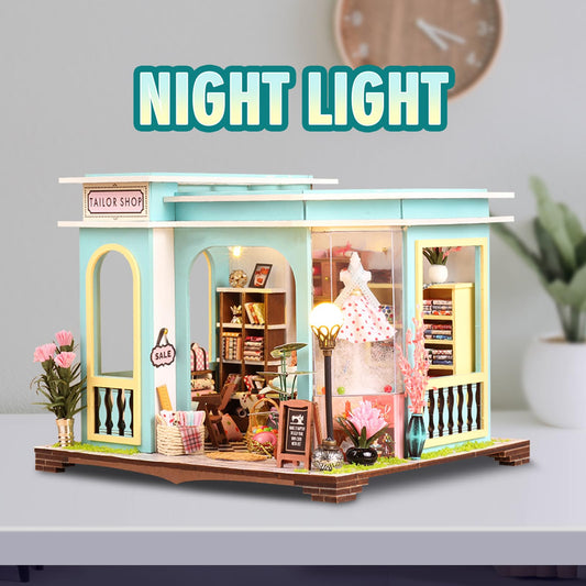FLYNOVA DIY miniature house with LED light turned on for cozy display.