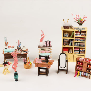 FLYNOVA Dollhouse kit includes realistic furniture pieces for scene building.