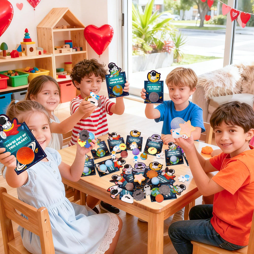Kids participating in a classroom Valentine exchange with FLYSNK set.