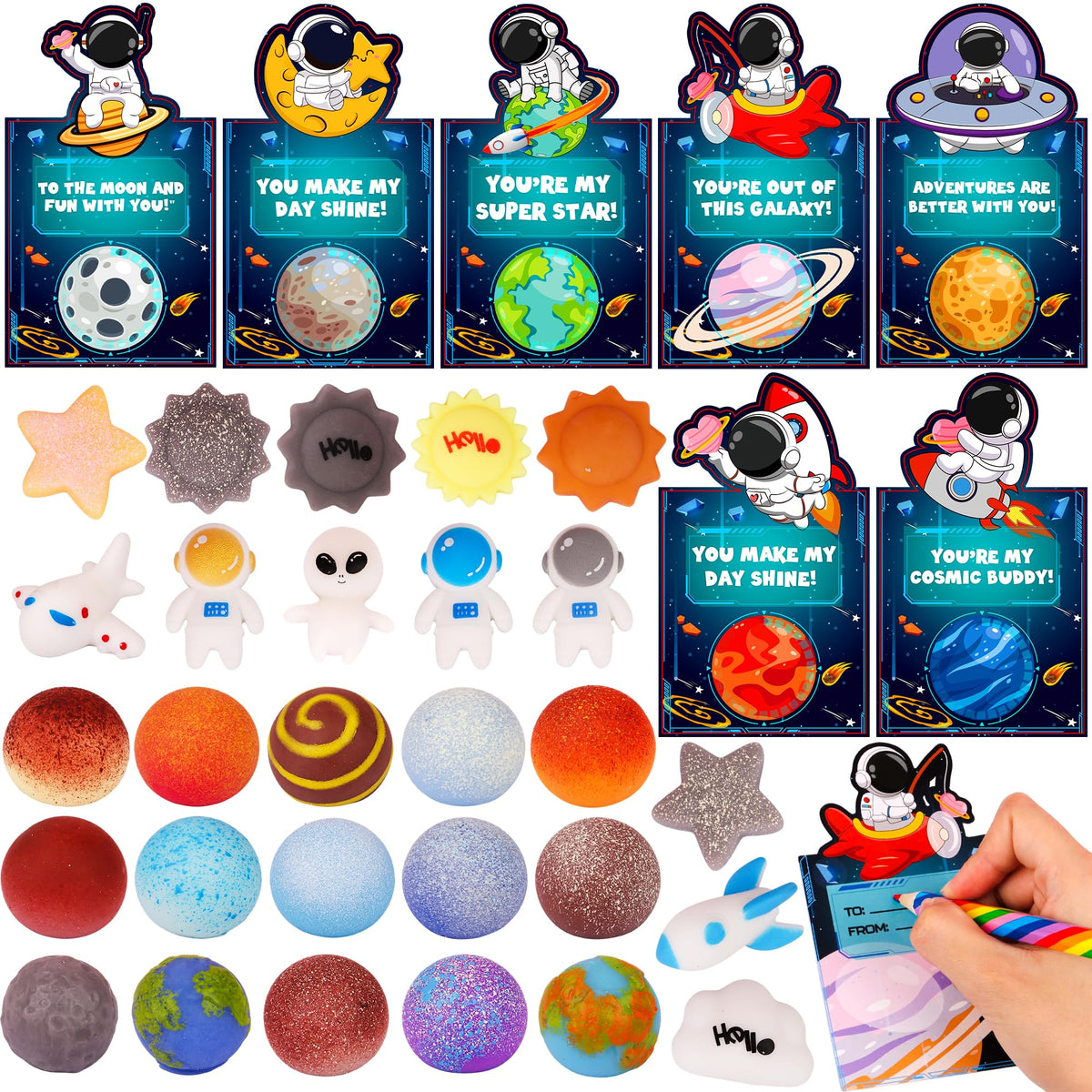 FLYSNK Galaxy Mochi Squishy with Valentine card for classroom gifting.