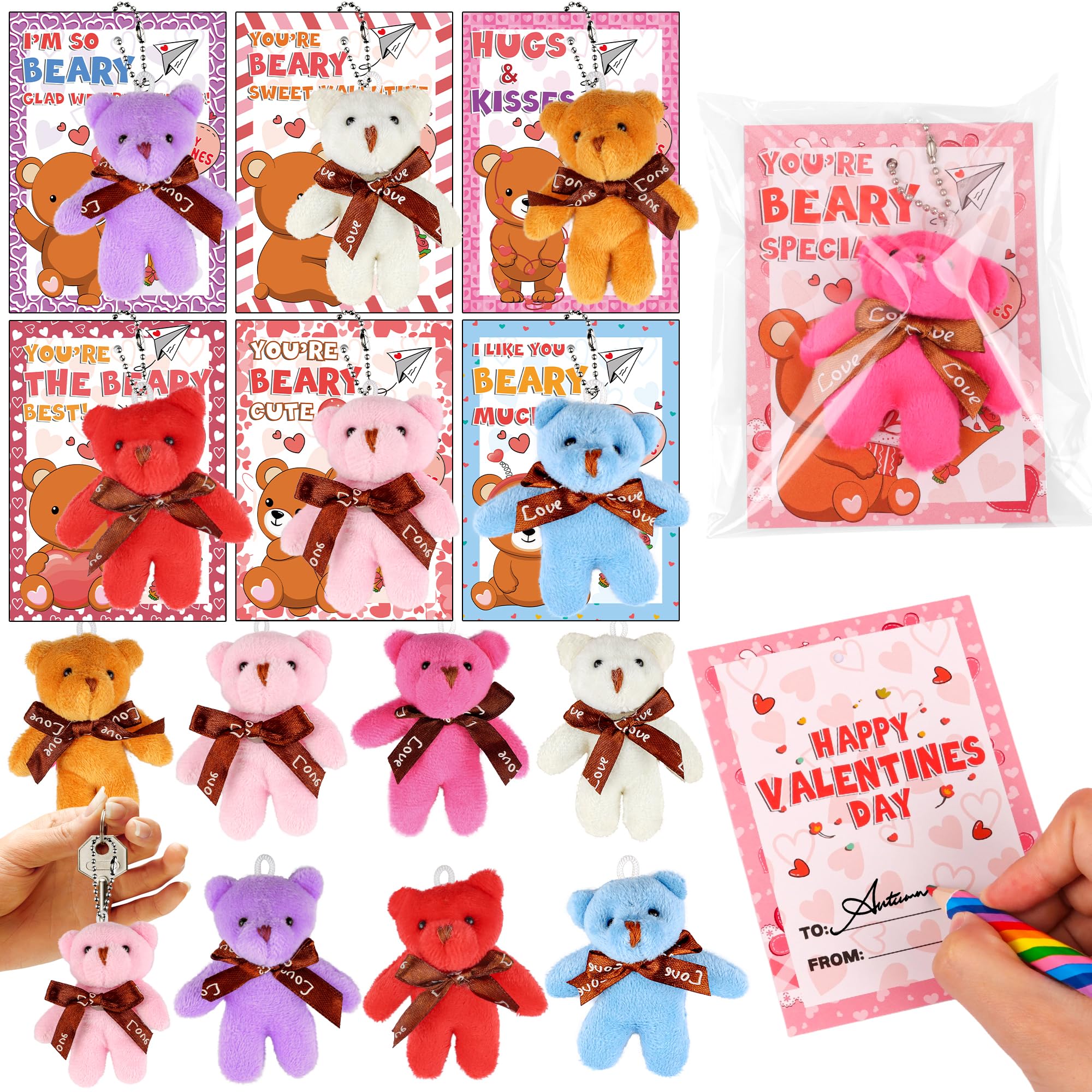 FLYSNK mini plush bear keychains on colorful valentine cards for kid gifts.