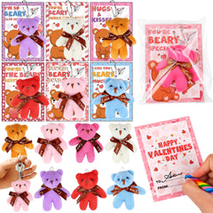 FLYSNK mini plush bear keychains on colorful valentine cards for kid gifts.