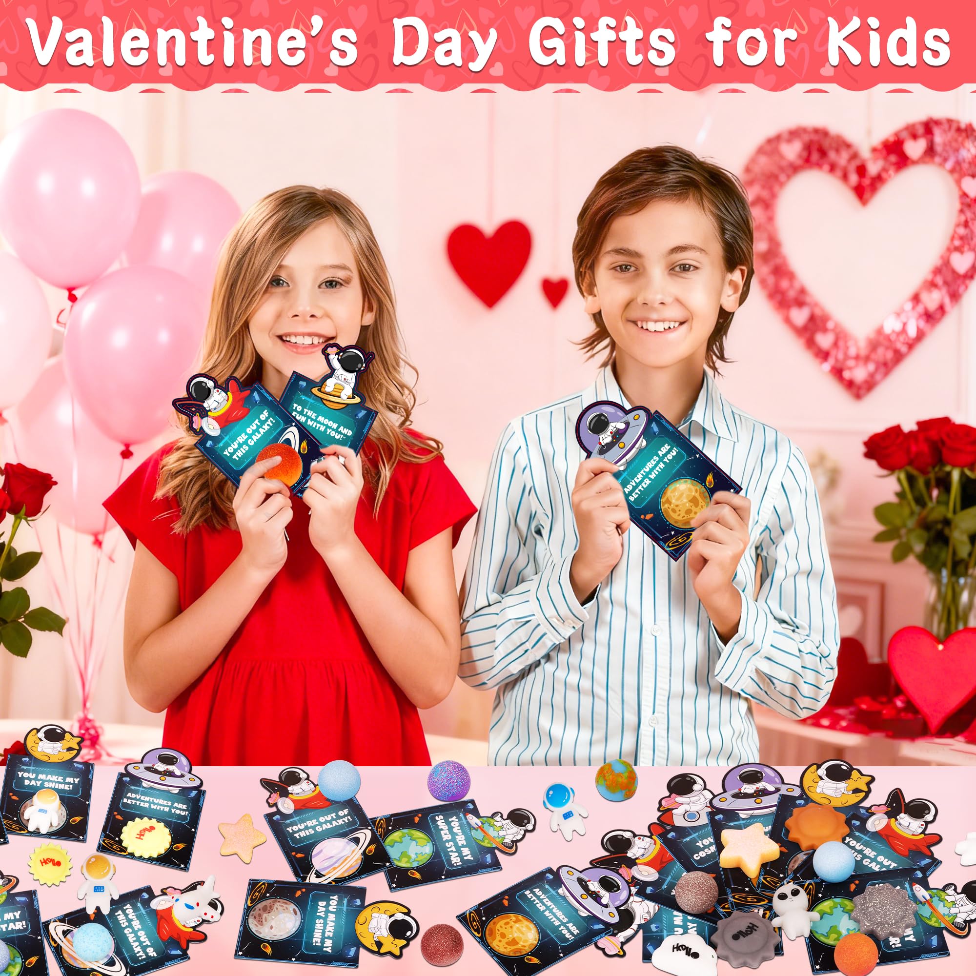Galaxy Valentine party favors arranged for distribution.