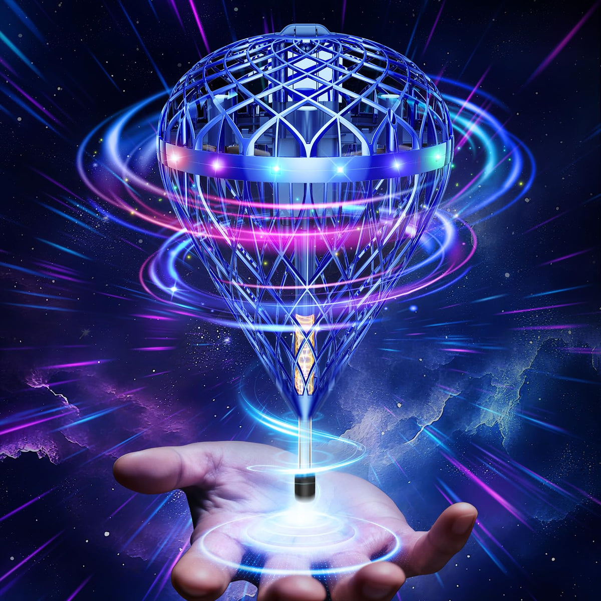Flystars Cosmic Globe Flying Orb blue front view for immersive play