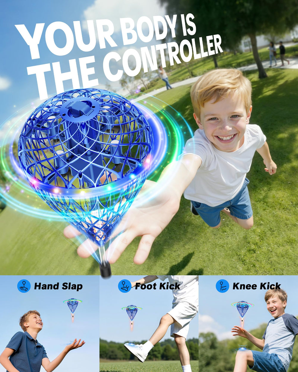 Flystars Flying Orb blue hover action closeup for dynamic tricks
