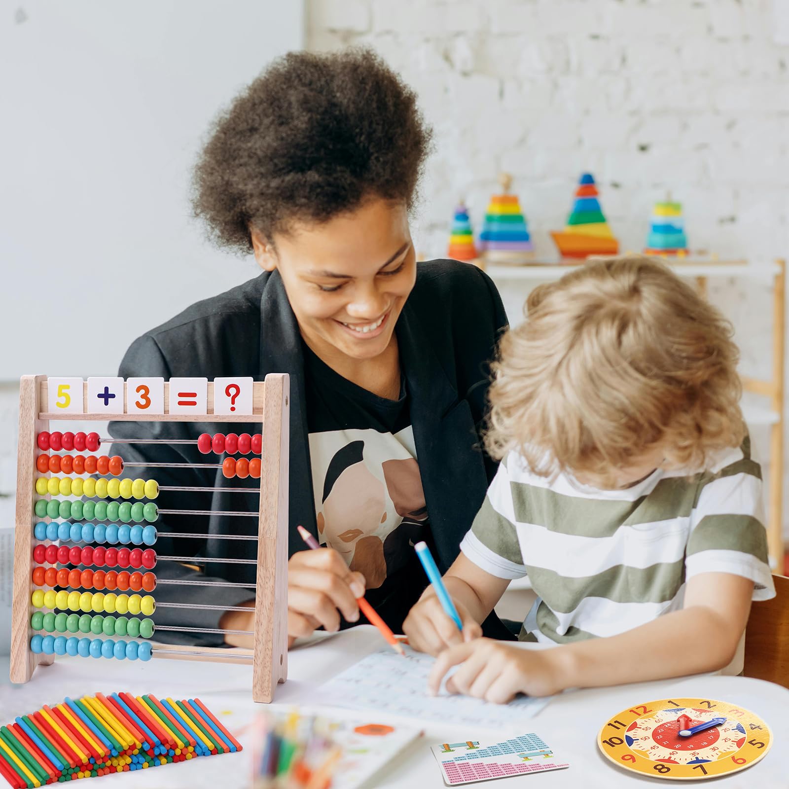 Flzoaveus abacus with card slot displays equations beneath beads for interactive learning.