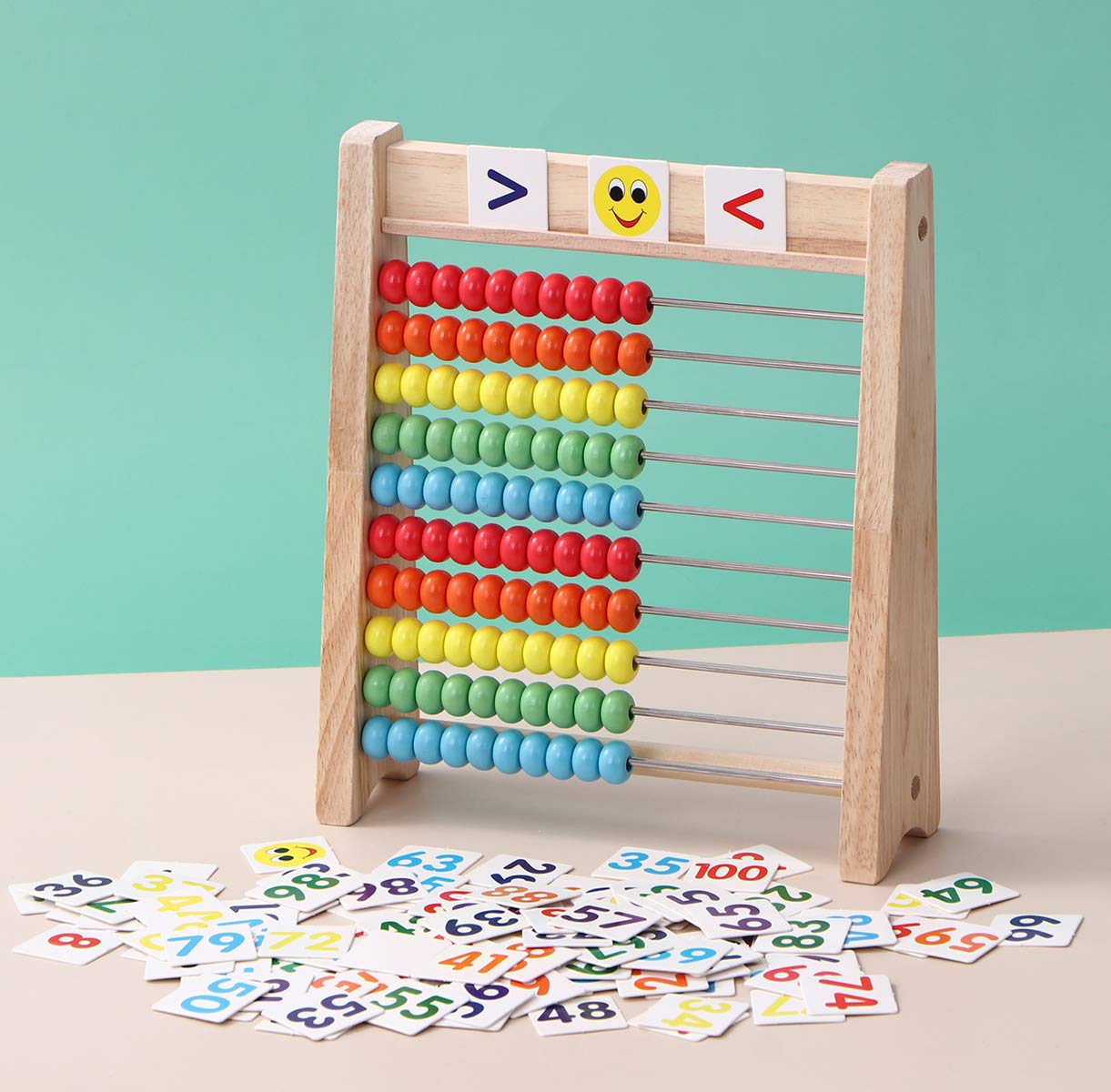 Flzoaveus wooden beads on abacus for tactile number exploration and grouping.