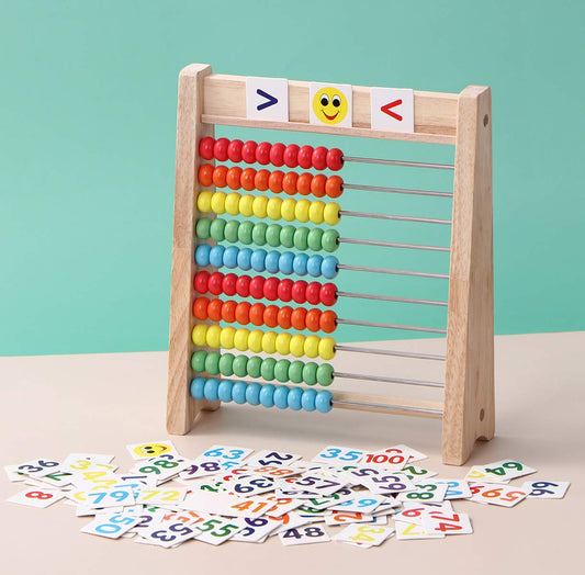 Flzoaveus wooden beads on abacus for tactile number exploration and grouping.