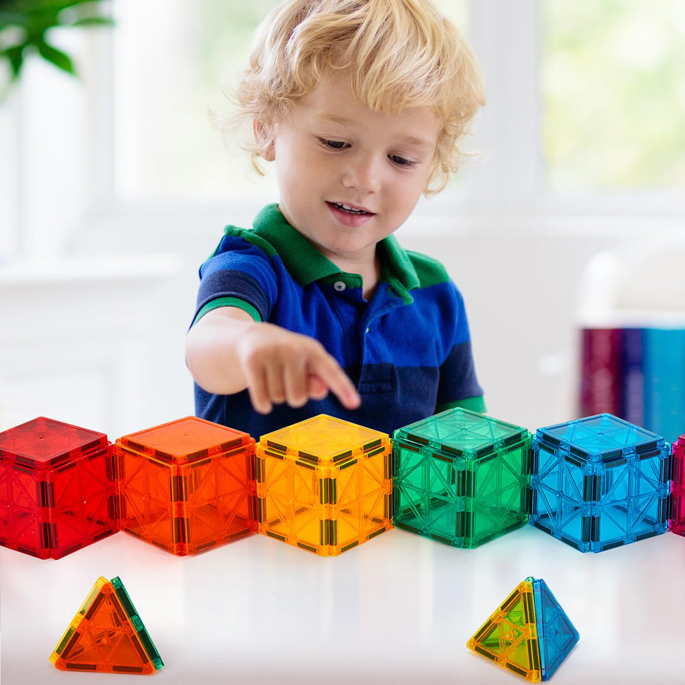 FNJO magnetic tiles long triangles enable angled extensions for creative structures.