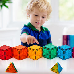 FNJO magnetic tiles long triangles enable angled extensions for creative structures.
