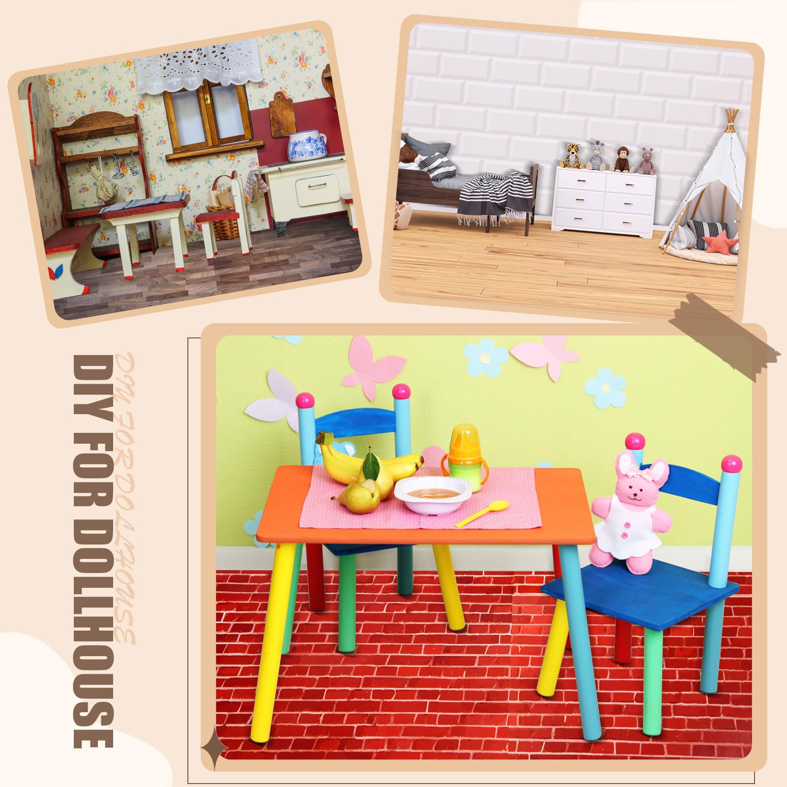FOBSME wood-look miniature flooring adds warm, realistic ambiance to dollhouses.