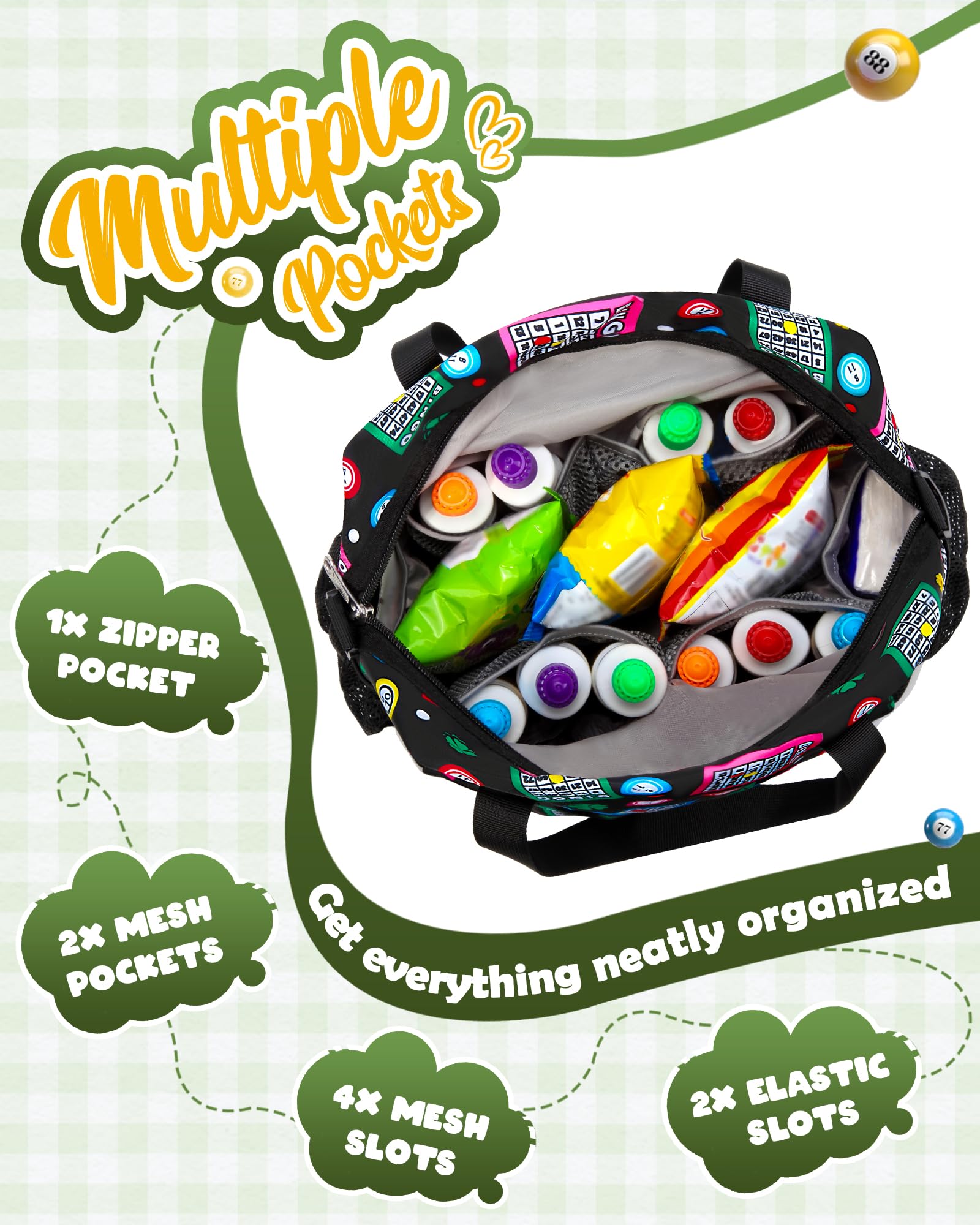 FOKDUVB Bingo Bag interior elastic slots keep daubers organized