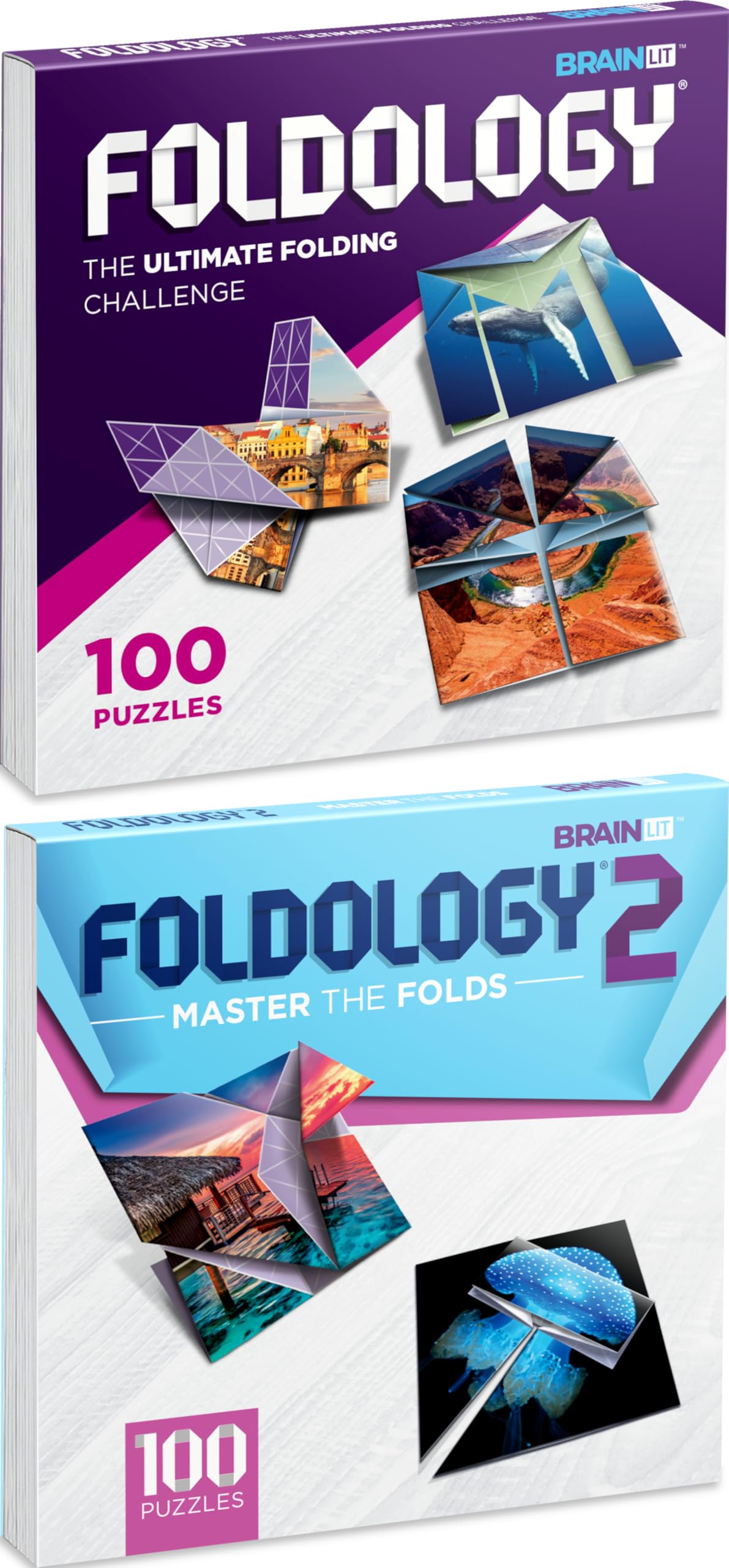 Foldology 1&amp;2 combo pack cover showing a portable origami puzzle set for travel.