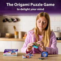 Foldology puzzles illustrate 100 challenges across levels emphasizing visual‑spatial thinking.