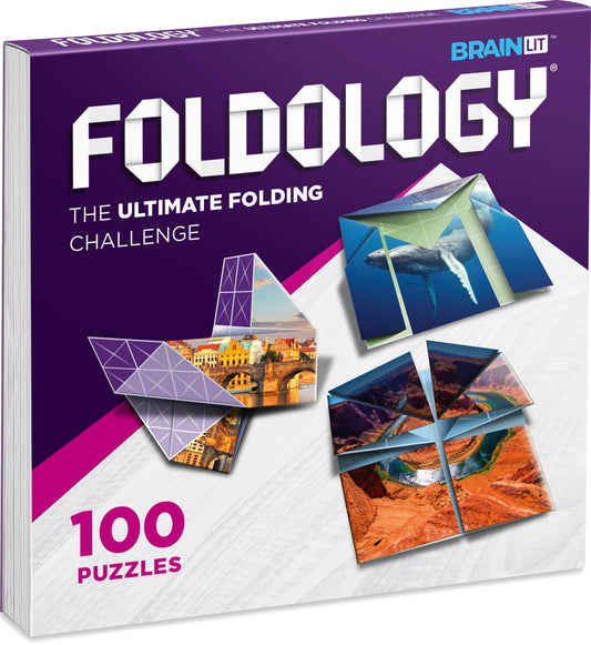 Foldology Origami Puzzle Game cover with vibrant artwork invites family puzzling and exploration