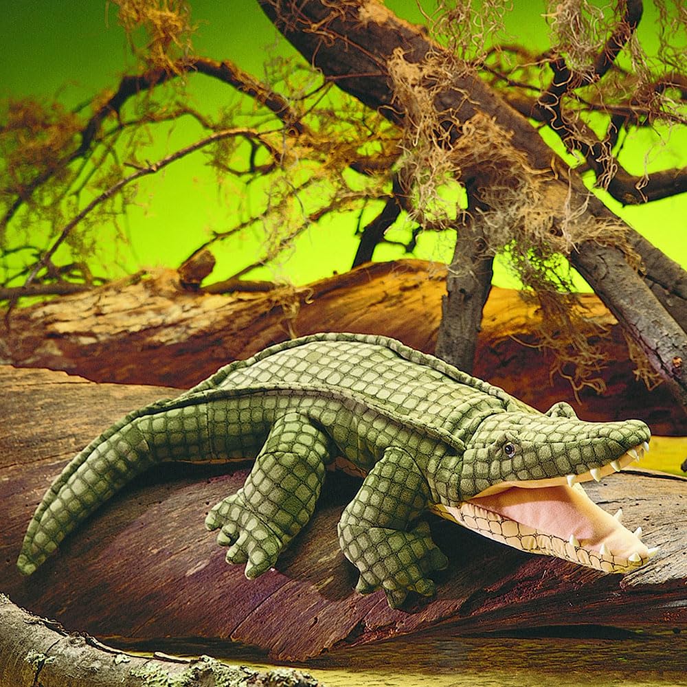 Folkmanis Alligator hand puppet, close-up texture, realistic details for engaging performances.