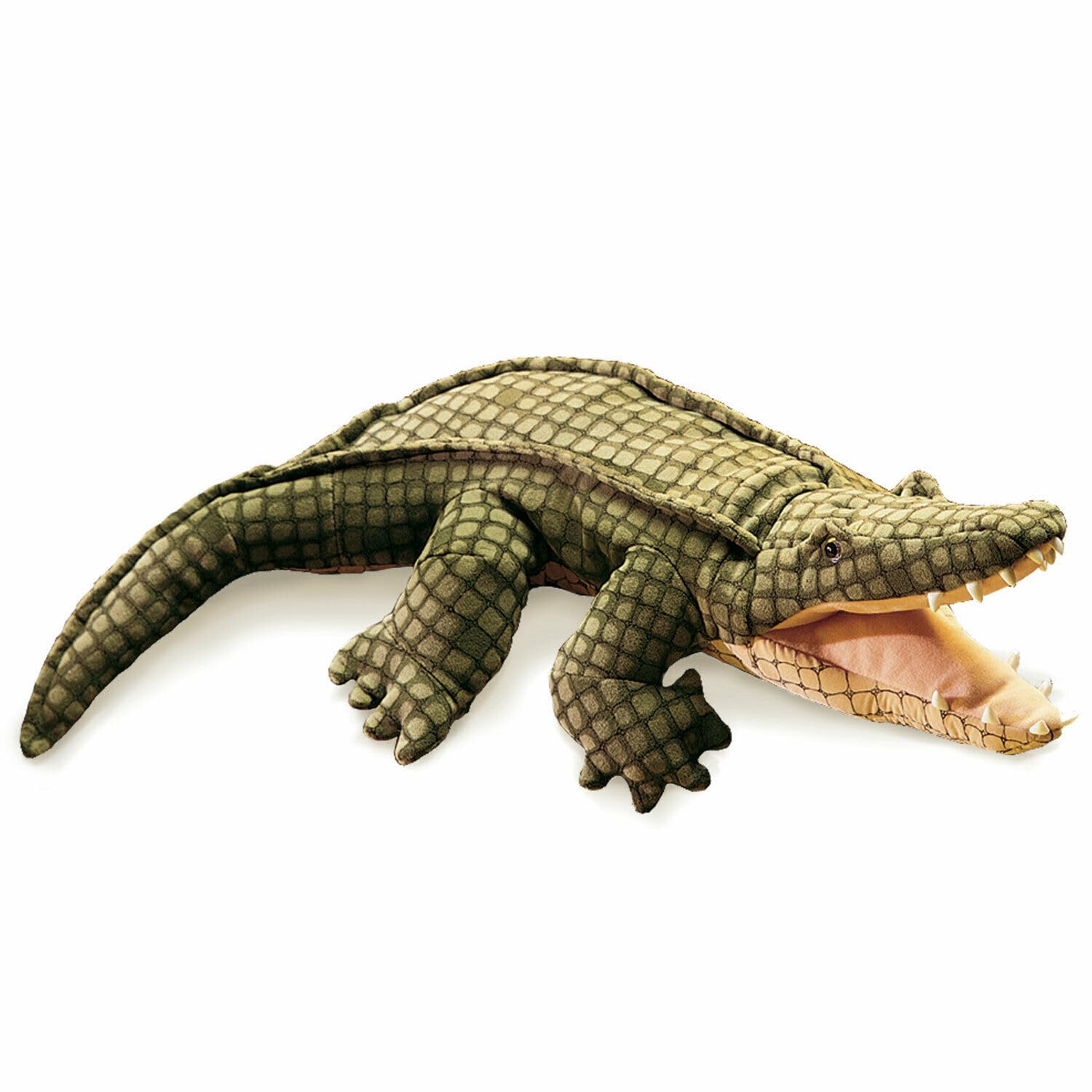 Folkmanis Alligator hand puppet, front view, perfect for storytelling and classroom performances.