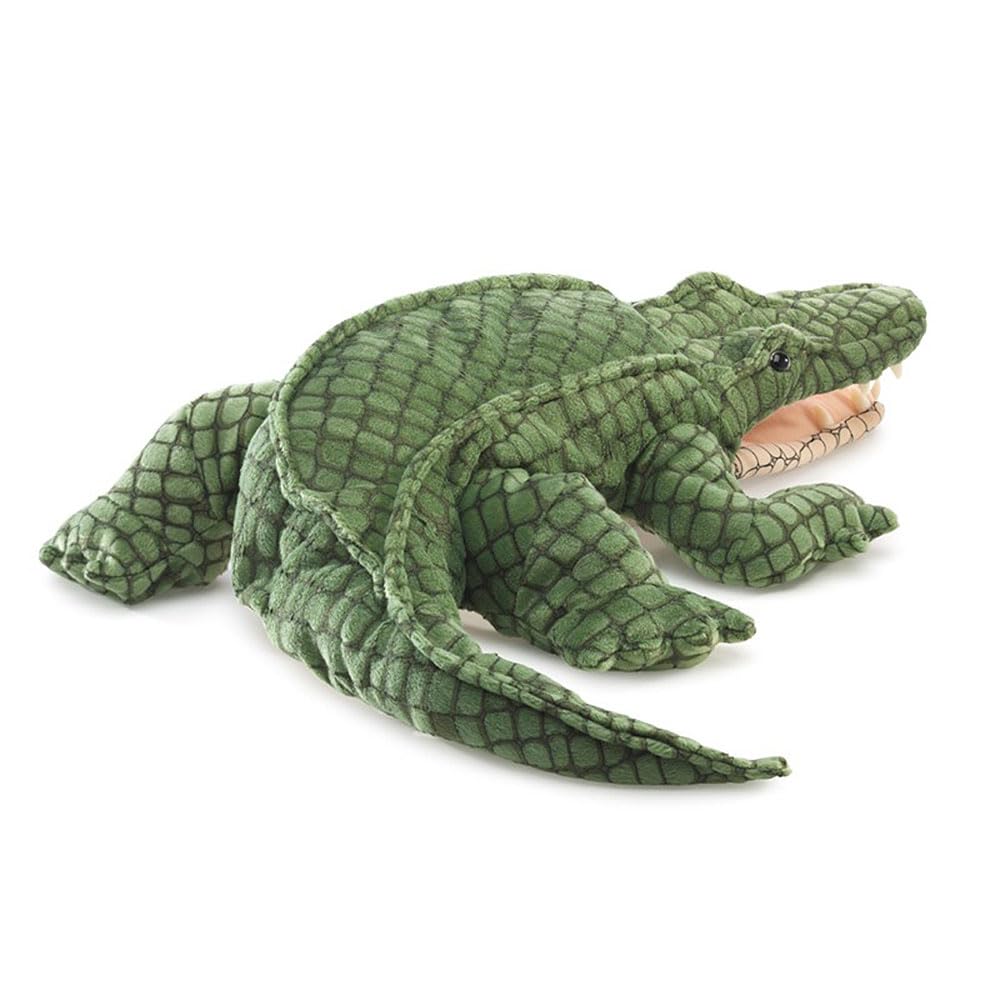 Folkmanis Alligator hand puppet, size 24 x 13 inches, comfortable for long storytelling sessions.