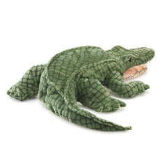 Folkmanis Alligator hand puppet, size 24 x 13 inches, comfortable for long storytelling sessions.