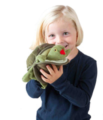 Folkmanis Baby Turtle Puppet green hands-fit for easy stage manipulation.