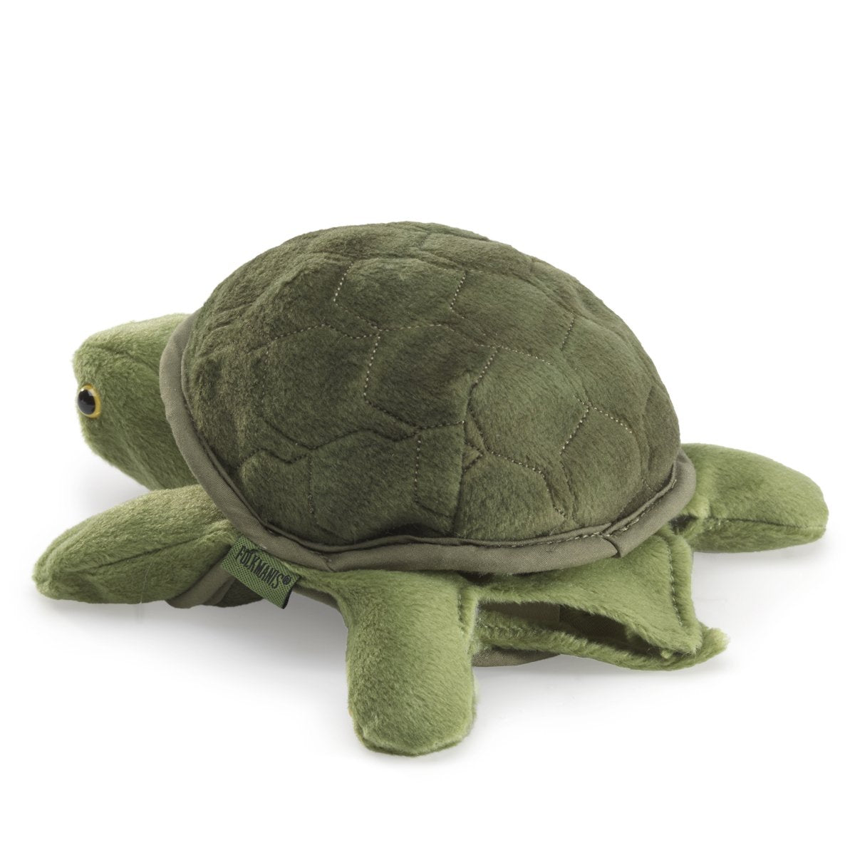 Folkmanis Baby Turtle Puppet green mouth action for expressive storytelling.