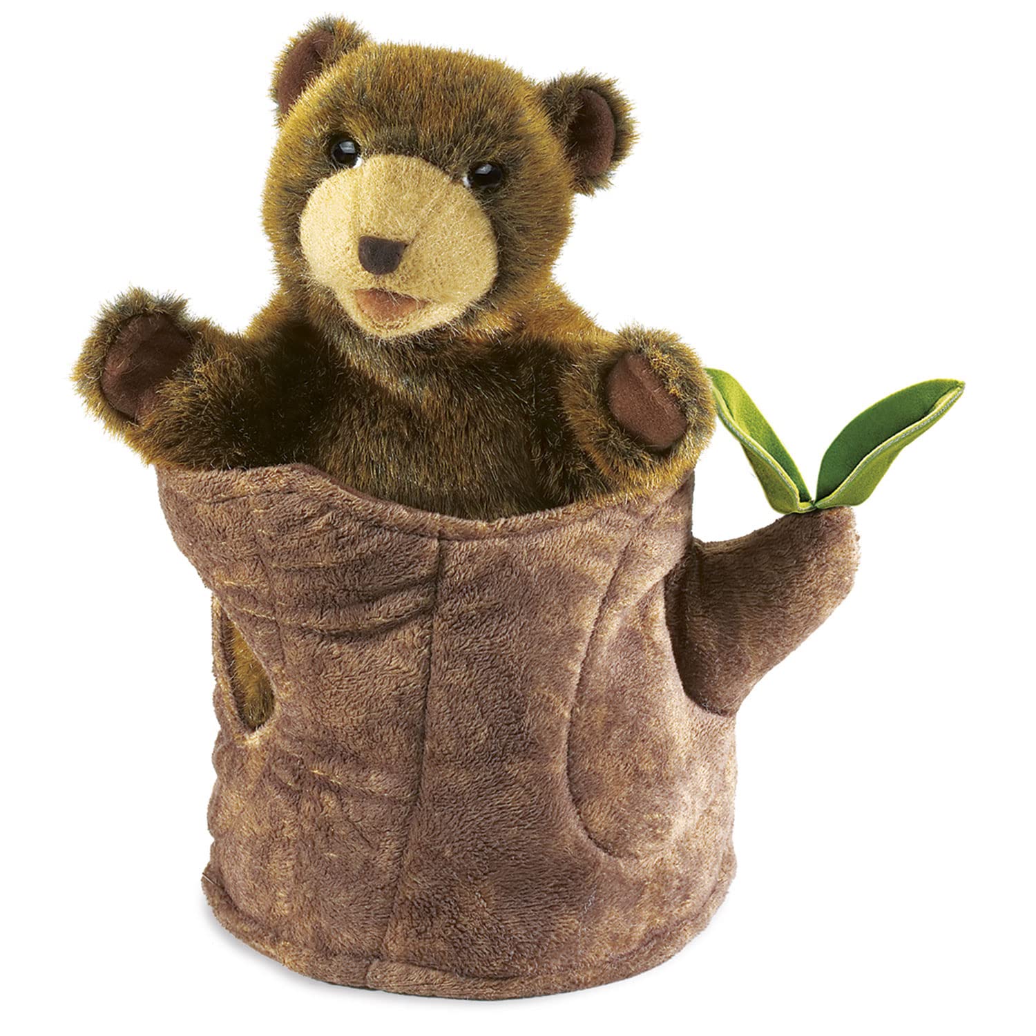 Folkmanis Bear-in-Tree-Stump puppet front view for interactive storytelling and pretend play.