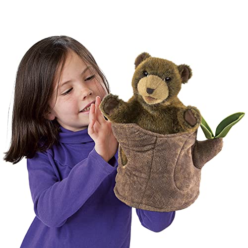 Folkmanis Bear-in-Tree-Stump puppet hand gestures enable dynamic character interaction.