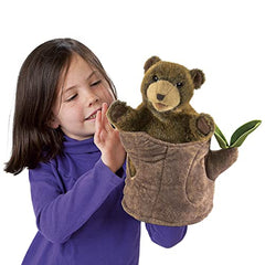 Folkmanis Bear-in-Tree-Stump puppet hand gestures enable dynamic character interaction.