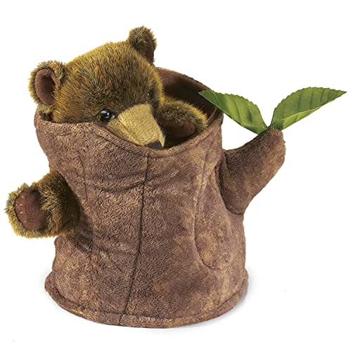 Folkmanis Bear-in-Tree-Stump puppet mouth action shows expressive peeks and dialogue.