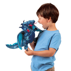 Folkmanis dragon puppet with three heads animated for stage.