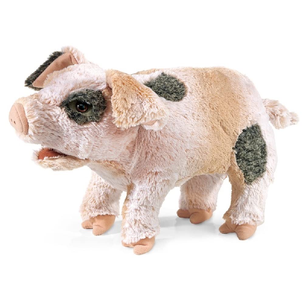 Folkmanis Grunting Pig puppet with belly-squeeze action for engaging storytelling.