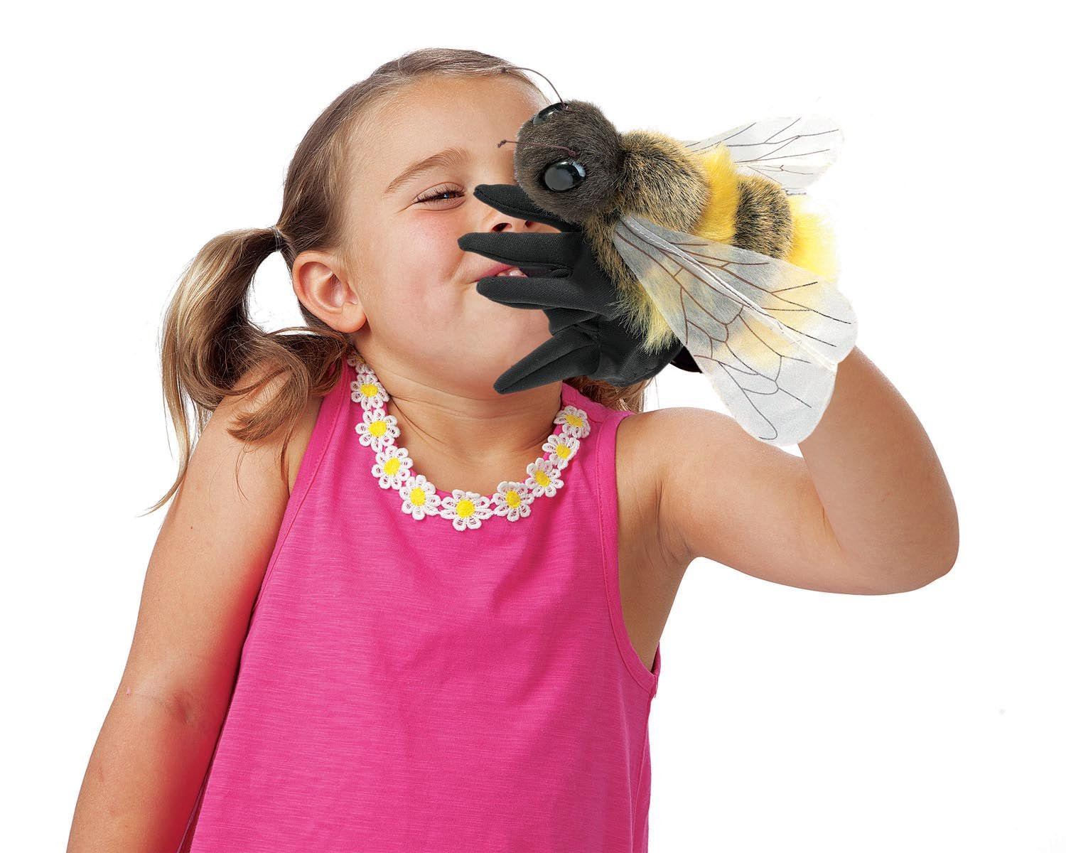 Vivid yellow and black fur of Folkmanis Honey Bee puppet enhances visuals