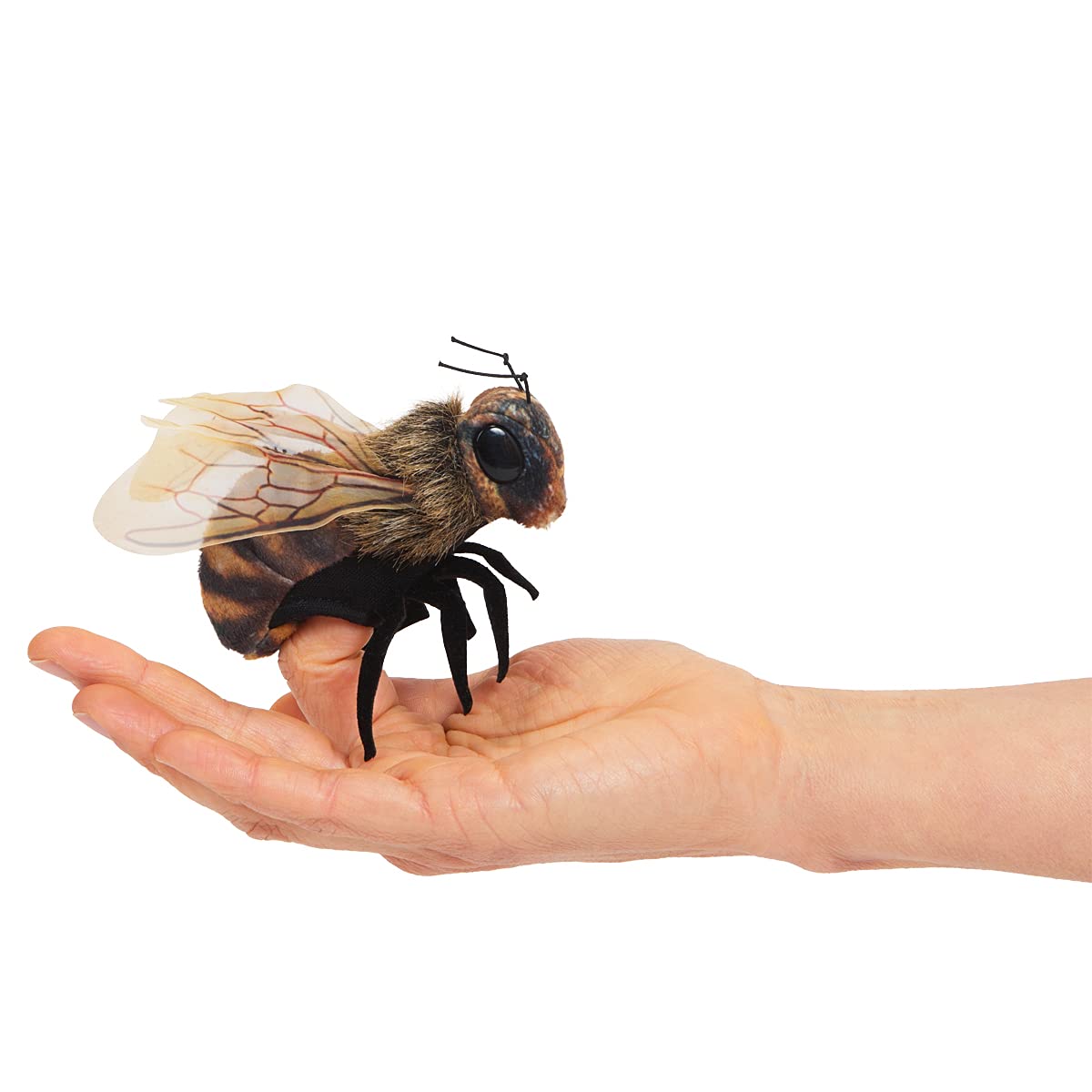 Folkmanis Mini Bee Finger Puppet with realistic texture for storytelling and classroom pretend play.