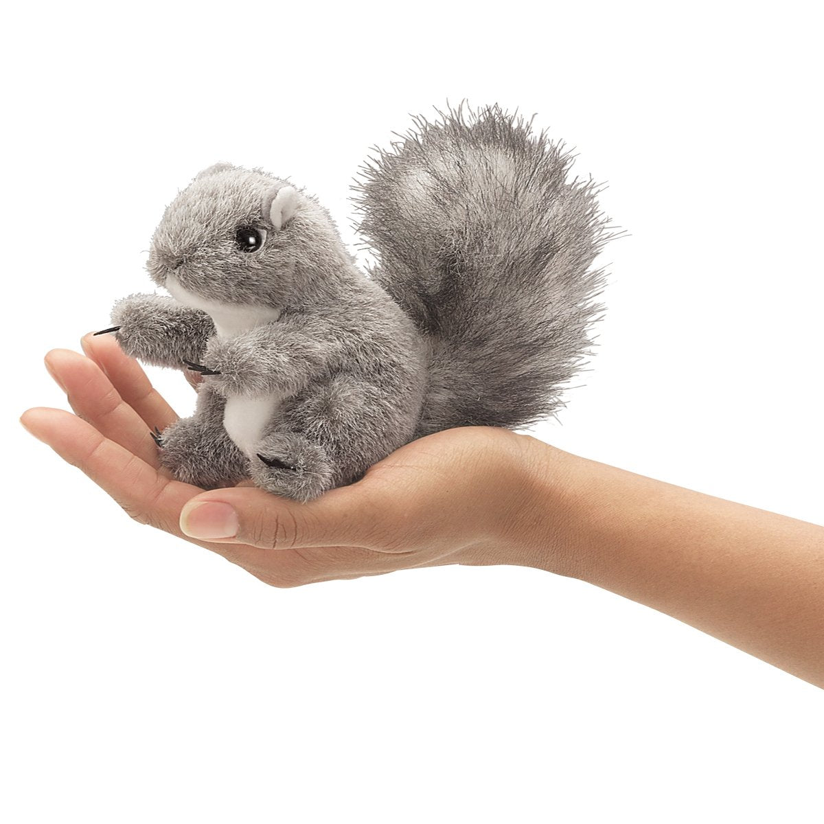 Folkmanis mini gray squirrel finger puppet for imaginative storytelling and classroom fun.
