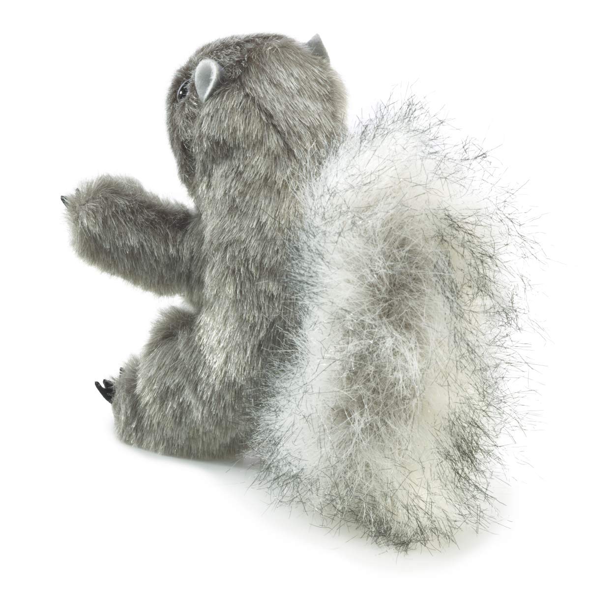 Folkmanis mini gray squirrel puppet on the finger for lively antics and play.