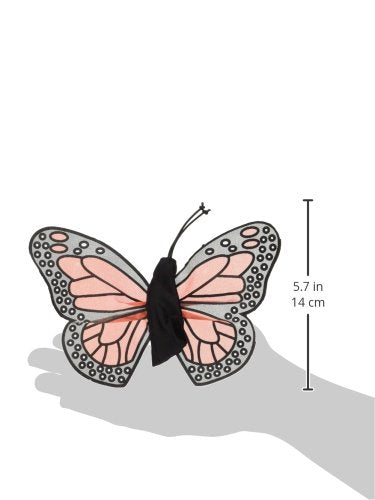Folkmanis Mini Monarch Butterfly puppet in nylon body, durable for daily pretend play.