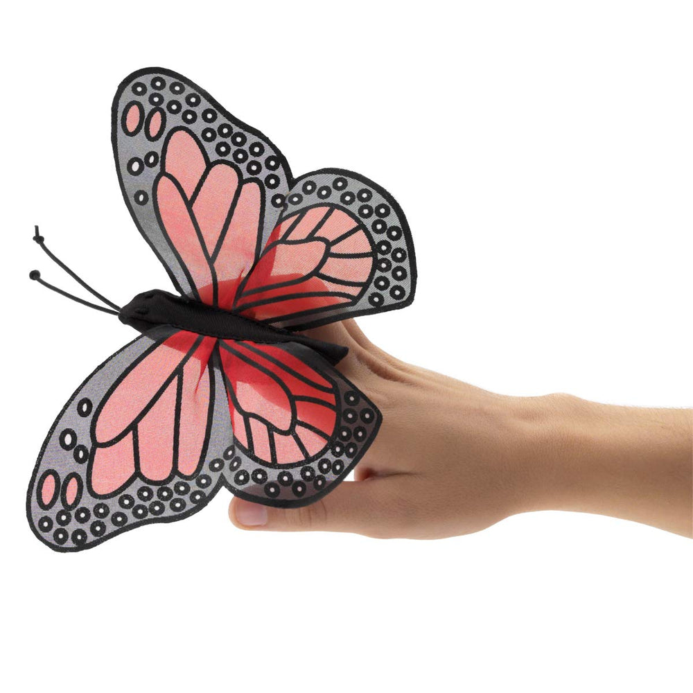 Folkmanis Mini Monarch Butterfly finger puppet with silk screened wings for lifelike storytelling.