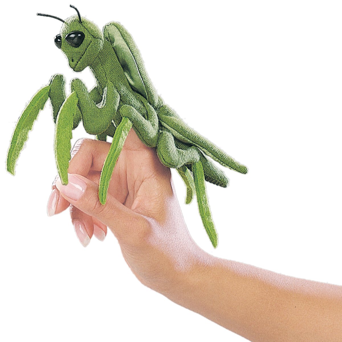 Folkmanis Mini Praying Mantis finger puppet on finger for storytelling fun