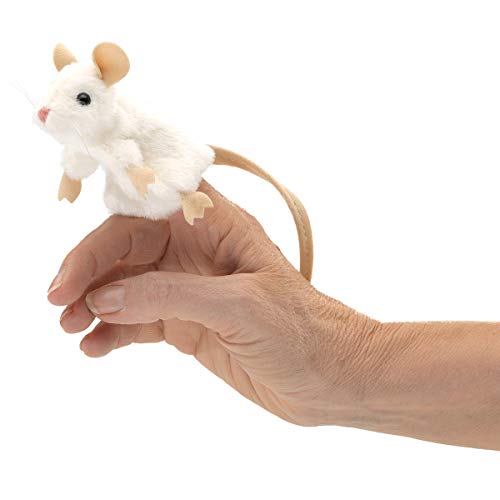 Folkmanis Mini White Mouse Finger Puppet close-up face with realistic details.