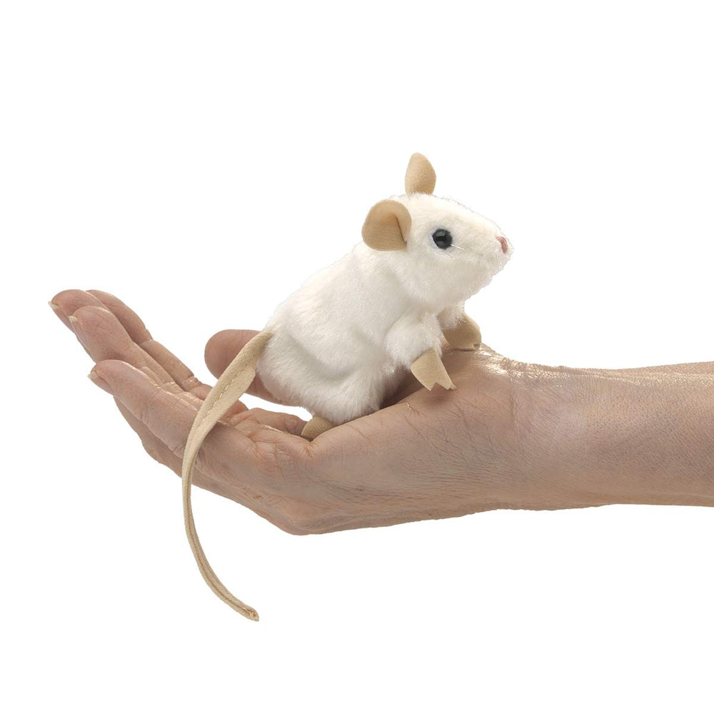 Folkmanis Mini White Mouse Finger Puppet on finger for lively storytelling.