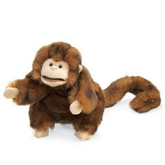 Folkmanis Monkey Hand Puppet full view shows lifelike fur for expressive storytelling.