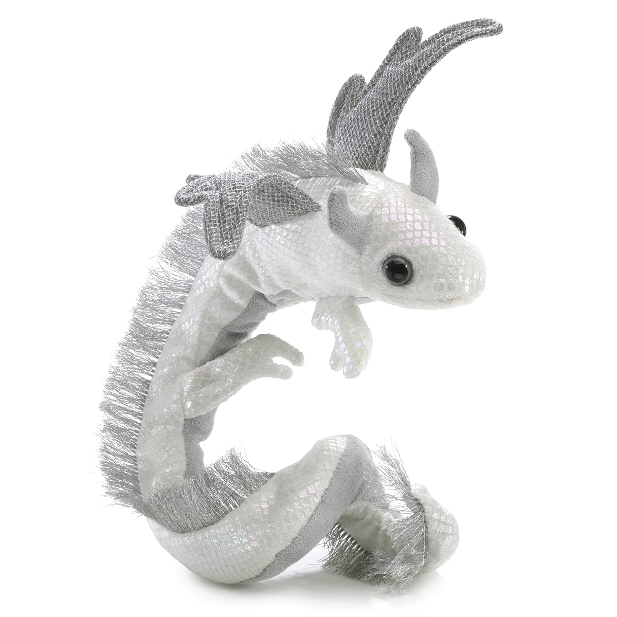 Folkmanis Pearl Dragon Wristlet Puppet side angle showing wearable puppet jewelry