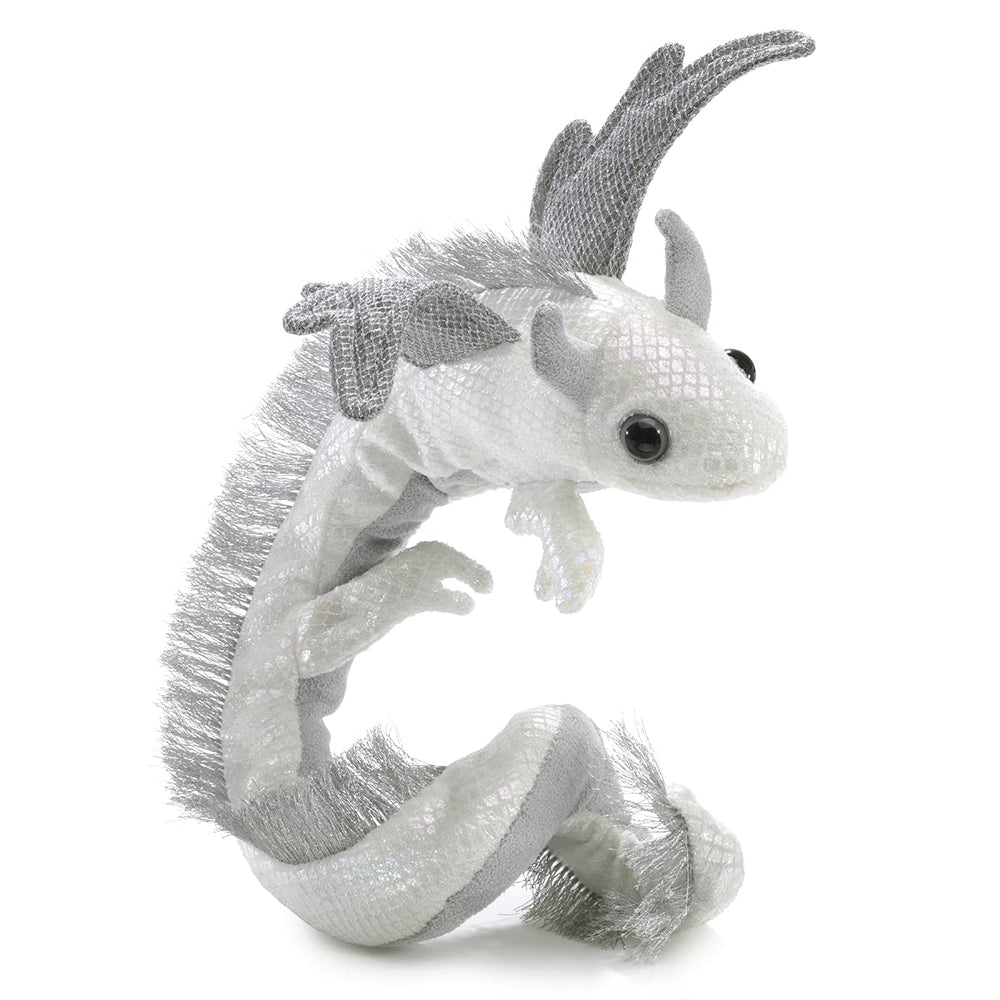 Folkmanis Pearl Dragon Wristlet Puppet side angle showing wearable puppet jewelry