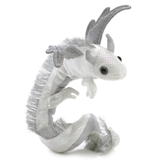Folkmanis Pearl Dragon Wristlet Puppet side angle showing wearable puppet jewelry