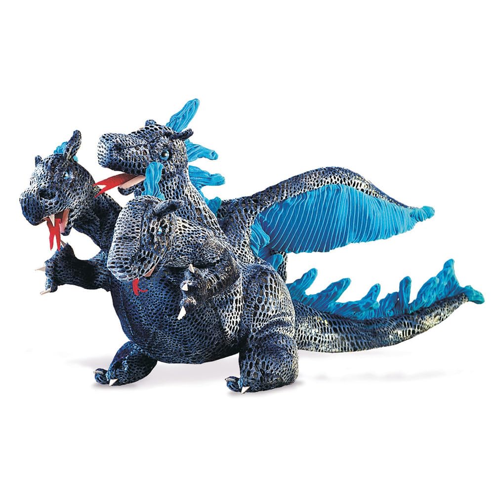 Folkmanis three-headed blue dragon puppet, back view ready for dramatic storytelling.