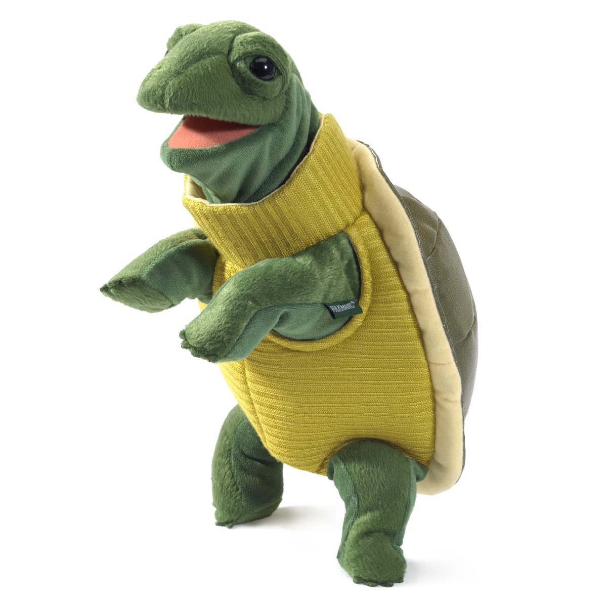 Folkmanis Turtleneck Turtle hand puppet front view, great for storytelling and stage use.
