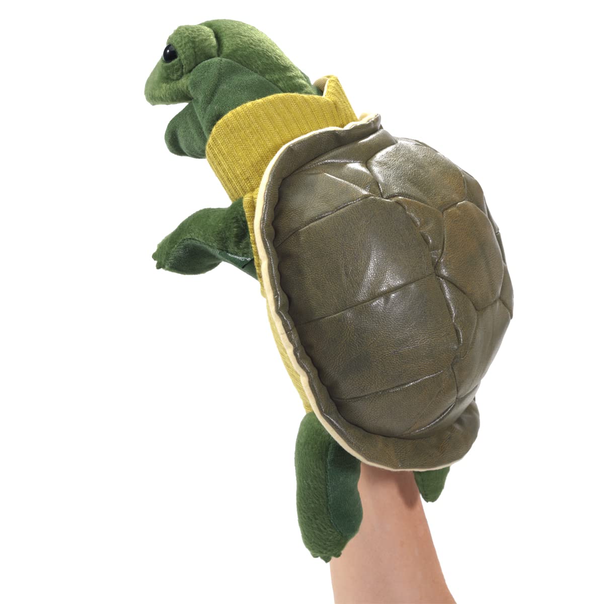 Folkmanis Turtleneck Turtle hand puppet side view, showcases movable mouth and front legs.